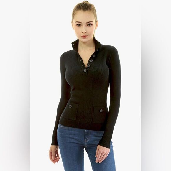 AmélieBoutik Women V Neck Button Ribbed Sweater - Picture 1 of 12
